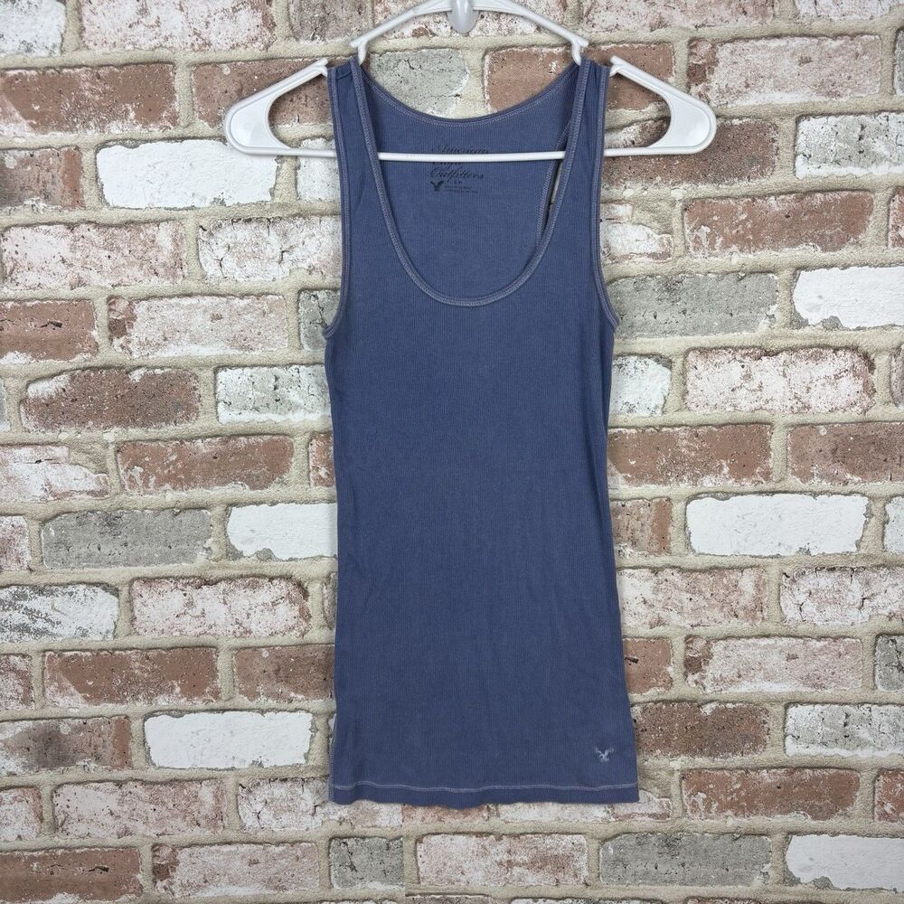 American Eagle Stormy Blue Ribbed Tank Top Scoop Neck Y2K Vintage Womens Small